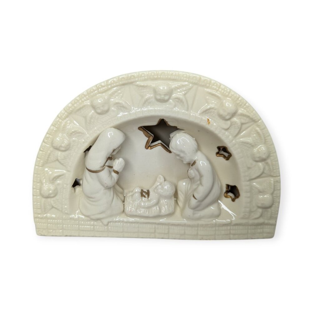 Vintage 1998 GS Ceramic Nativity Scene Tea Light Candle Holder White w/Gold Trim